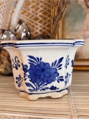 Vintage Blue and White Floral Ceramic Planter